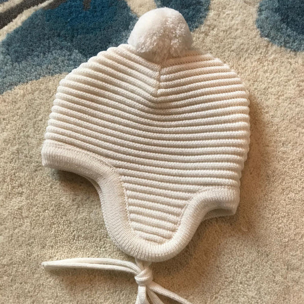 Mütze Merinowolle mit Ohren - wollweiss